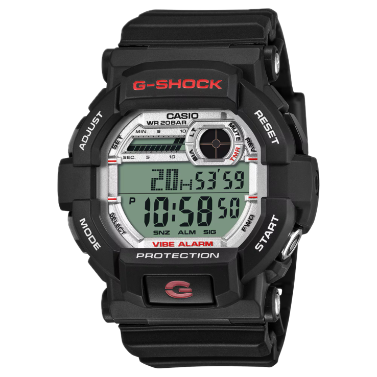 A G-Shock GD-350S elölnézete, amelyen látható a fekete tok és a digitális kijelző.