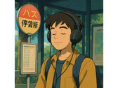 Egy mesterséges intelligencia által generált illusztráció a Studio Ghibli műveinek stílusában. Egy fiatalembert ábrázol, aki nyugodtan ül egy buszállomáson, miközben zenét hallgat. (Kép forrása: ChatGPT-vel generálva)