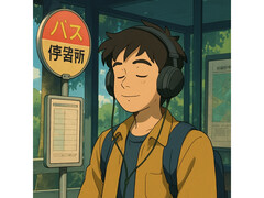 Egy mesterséges intelligencia által generált illusztráció a Studio Ghibli műveinek stílusában. Egy fiatalembert ábrázol, aki nyugodtan ül egy buszállomáson, miközben zenét hallgat. (Kép forrása: ChatGPT-vel generálva)
