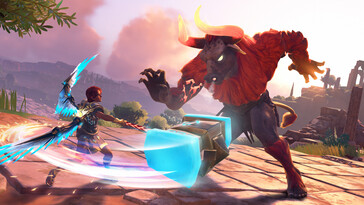 Egy kép, amely egy minotaurusz elleni csatát mutat az Immortals Fenyx Rising című játékban.