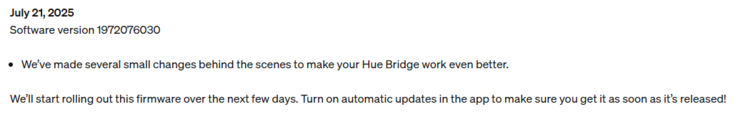 A Philips Hue Bridge firmware verziójának kiadási megjegyzései 1972076030. (Kép forrása: Philips Hue)