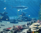 InZOI Island Getaway ingyenes DLC snorkeling képernyőkép, amely cápákat és halakat mutat a sekély vízben