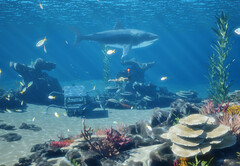 InZOI Island Getaway ingyenes DLC snorkeling képernyőkép, amely cápákat és halakat mutat a sekély vízben
