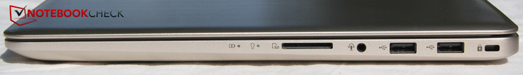 Right side: Kensington, 2x USB-A, stereo jack, SD-card reader, status LEDs
