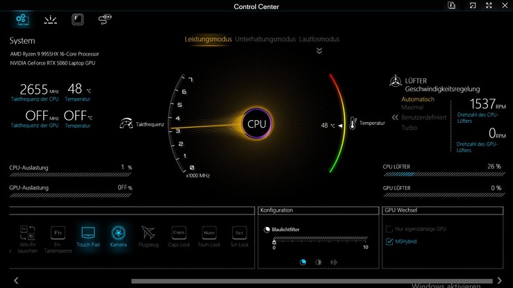 Teljesítményprofilok az Apex 17 vezérlőközpontjában