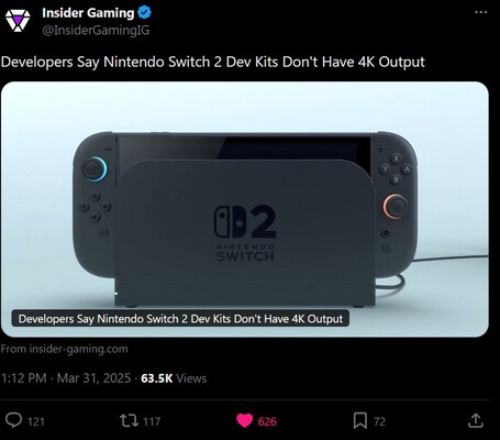 Insider Gaming Switch 2 dev kit hiányzik 4K X post (Kép forrása: screenshot, Insider Gaming X account)