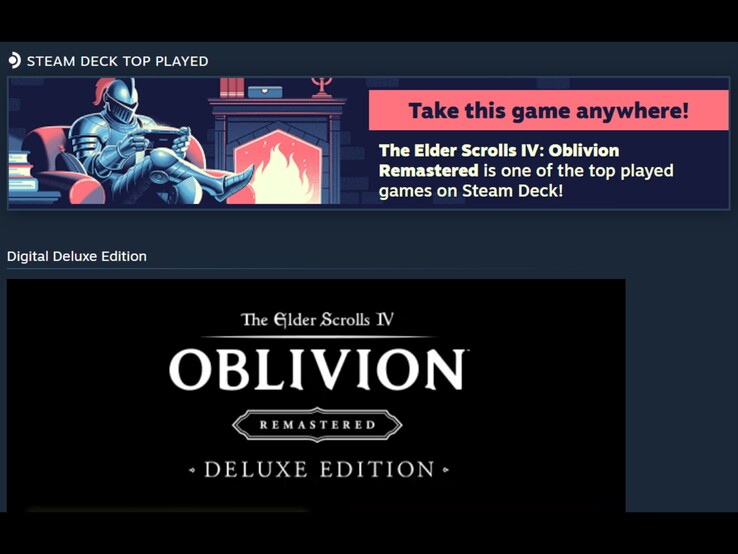 Egy képernyőkép egy Steam-hirdetési sávról, amely a The Elder Scrolls IV: Oblivion Remastered című játékot a Steam Deck egyik leggyakrabban játszott játékaként hirdeti.