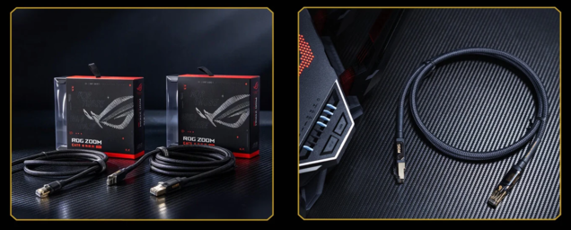 Asus ROG Zoom. A nagy sűrűségű fonott kábelharisnya védi a kopástól és a húzástól, míg az RJ-45 csatlakozók aranyozott rézárnyékolást használnak.