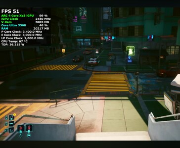 Cyberpunk 2077 fut Intel Core Ultra 7 356H mini PC-n 51 FPS-nél