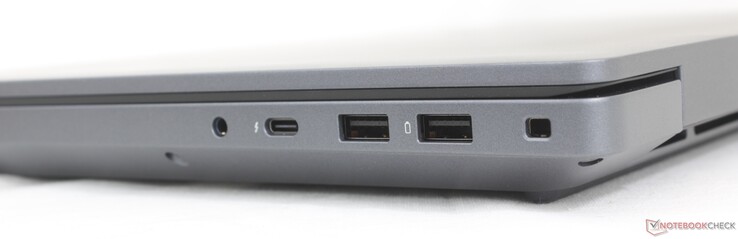 Jobbra: 3,5 mm-es fejhallgató, USB-C Thunderbolt 4 (40 Gbps) w/ DisplayPort 2.1 + Power Delivery, USB-A 3.2 Gen. 1, Zárhely