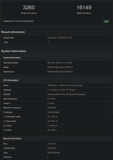 Ryzen 7 9850X3D Geekbench lista (kép forrása: Geekbench)
