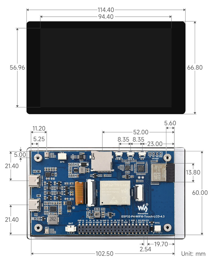 A 4,3 hüvelykes ESP32-P4 érintőkijelző mechanikai rajza a részletes lap- és házméretekkel (mm-ben)
