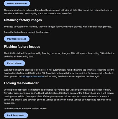 Hasonlóan a Pixel online helyreállítási eszközhöz, a Graphene telepítéséhez mindössze 4 kattintás szükséges egy online telepítőn keresztül (Kép forrása: GrapheneOS)