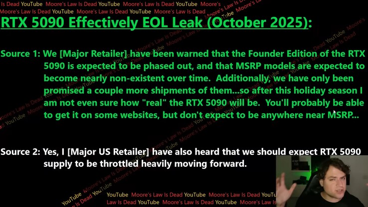Az RTX 5090 kínálata a hírek szerint jelentősen csökken az elkövetkező hónapokban. (kép forrása: Moore's Law Is Dead)