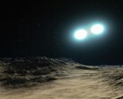 Egy művész által készített illusztráció, amelyen két neutroncsillag és egy bolygó látható.