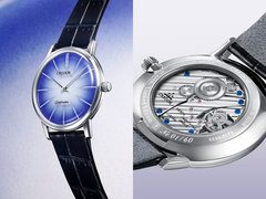 A Credor GCBY991 Goldfeather számlapja (balra) és a kézi felhúzású 6890-es kaliber (jobbra), kék-fehér háttér előtt. (A kép forrása: Credor - szerk.)