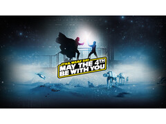 A Steam Star Wars Day Sale promóciós képe, melyen Darth Vade és Luke Skywalker fénykard csatát vívnak, a tetején promóciós szöveggel. (Kép forrása: Steam)