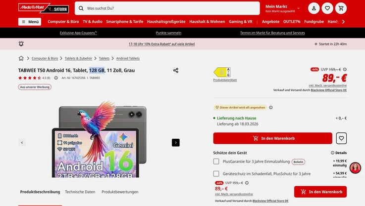 A Tabwee T50 több régióban 6 GB RAM-mal és 128 GB tárhellyel kerül forgalomba.