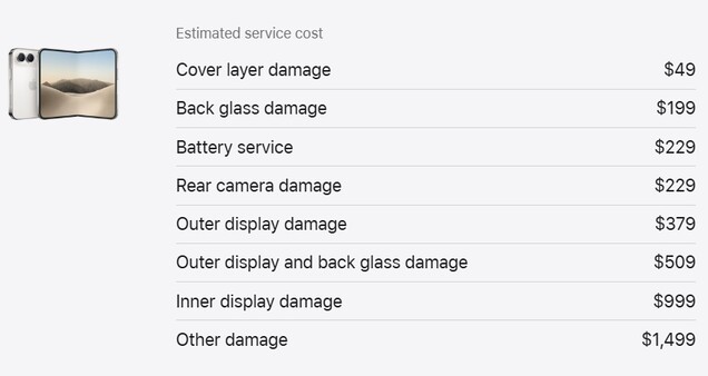 Az Apple iPhone Duo javításának becsült költségei.