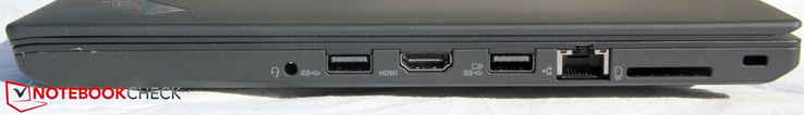 Left side: headphone/microphone combo jack, USB 3.0 Type-A, HDMI-out, USB 3.0 Type-A (PowerShare), Ethernet, SD card reader