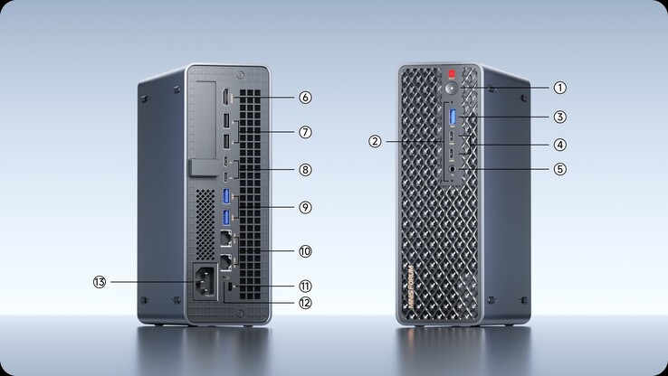 A mini PC bőséges portválasztékkal rendelkezik, beleértve összesen négy USB 4 portot.