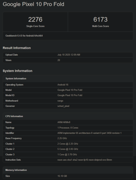 Tensor G5 Geekbench pontszám (kép forrása: Geekbench)