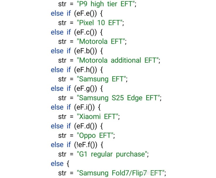 Kódrészlet, amely az APK teardownt mutatja a Pixel 10, Samsung Fold7/Flip7, S25 Edge és más Android eszközökre való hivatkozással, amelyek jogosultak a Gemini AI Pro próbaverzióra. (Kép forrása: AssembleDebug via Android Authority)