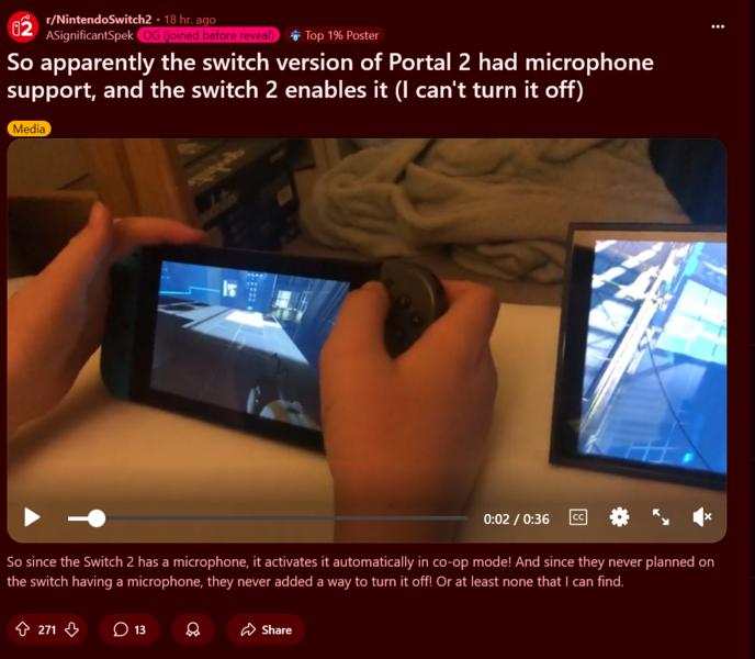 Portal 2 Switch 2 mindig bekapcsolt mikrofon (kép forrása: screenshot, Nintendo Switch 2 subreddit)