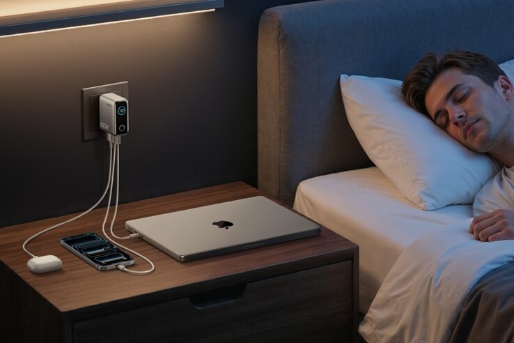 Az Anker töltő (100 W, 3 port, intelligens kijelző) elegendő energiát biztosít egy MacBook, egy iPhone és egy AirPods egyidejű feltöltéséhez. (Kép forrása: Anker)