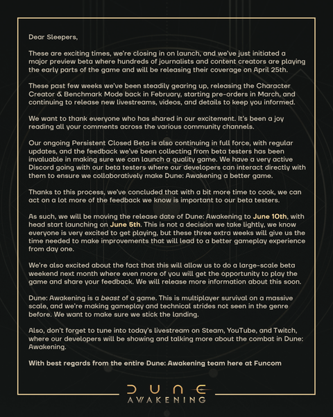 Dűne: Awakening megjelenési dátum frissítés a Discordon (Kép forrása: Hivatalos Dune: Awakening Discord szerver)