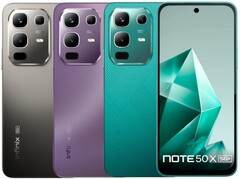 Az Infinix Note 50x 5G tengerzöld, elvarázsolt lila és titánszürke színváltozatokban kapható (Kép forrása: Infinix)