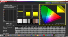 CalMAN ColorChecker (profil: P3, cél színtér: P3)