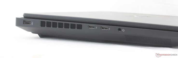 Bal oldalon: USB-A (10 Gbps), 2x USB-C Thunderbolt 4 DisplayPort 2.1 + Power Delivery 3.1 támogatással (40 Gbps), 3.5 mm-es headsetcsatlakozó