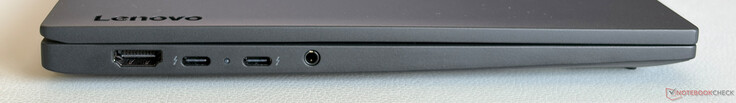 Bal oldal: HDMI 2.1, 2× USB-C 4.0 Thunderbolt 4-gyel (40 Gbit/s, DisplayPort Alt Mode 2.1, Power Delivery 3.0), 3,5 mm-es audiocsatlakozó
