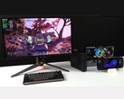 Borderlands 4 fut egy monitoron, amely egy Minisforum MSA2 mini PC-hez van csatlakoztatva egy AMD Radeon RX 9070 XT-vel egy Oculink eGPU dokkolóban, egy Asus ROG Ally X kézi számítógép mellett (Kép forrása: ETA PRIME via YouTube)