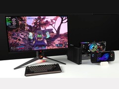 Borderlands 4 fut egy monitoron, amely egy Minisforum MSA2 mini PC-hez van csatlakoztatva egy AMD Radeon RX 9070 XT-vel egy Oculink eGPU dokkolóban, egy Asus ROG Ally X kézi számítógép mellett (Kép forrása: ETA PRIME via YouTube)