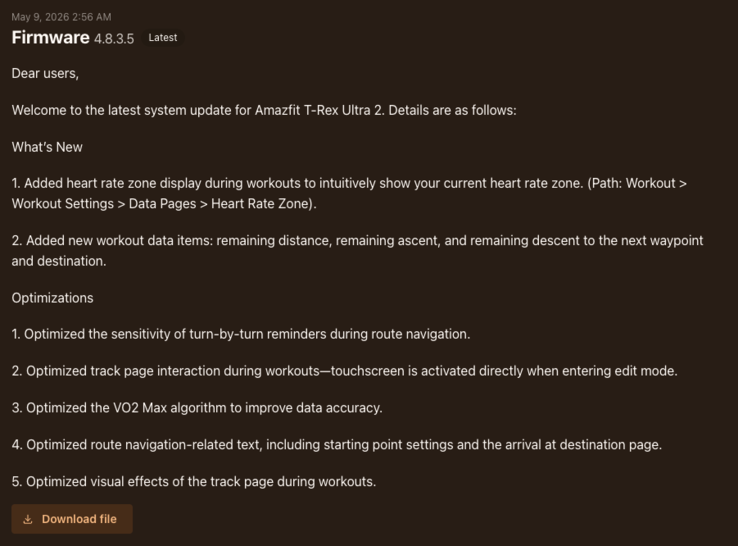 Az Amazfit T-Rex Ultra 2 okosóra 3.8.0.5 firmware verziójának kiadási megjegyzései