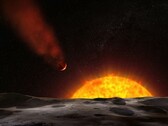 Egy művész illusztrációja, amely egy csillagja felé tartó exoplanétát ábrázol.
