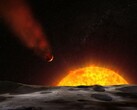 Egy művész illusztrációja, amely egy csillagja felé tartó exoplanétát ábrázol.