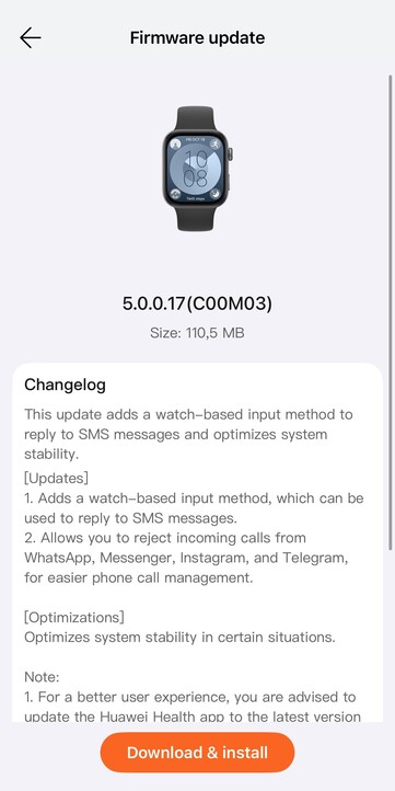 A Huawei Watch Fit 3 5.0.0.17 firmware-verziójának változásnaplója. (Kép forrása: u/Eyas-Alhamwi via Reddit)