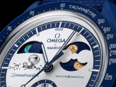 Az új Mission to Earthphase - Moonshine Gold óra (a képen) holdfázisjelzővel rendelkezik a 2 órai segédmutatónál és a 10 órai földfázisjelzővel. (Kép forrása: Swatch)