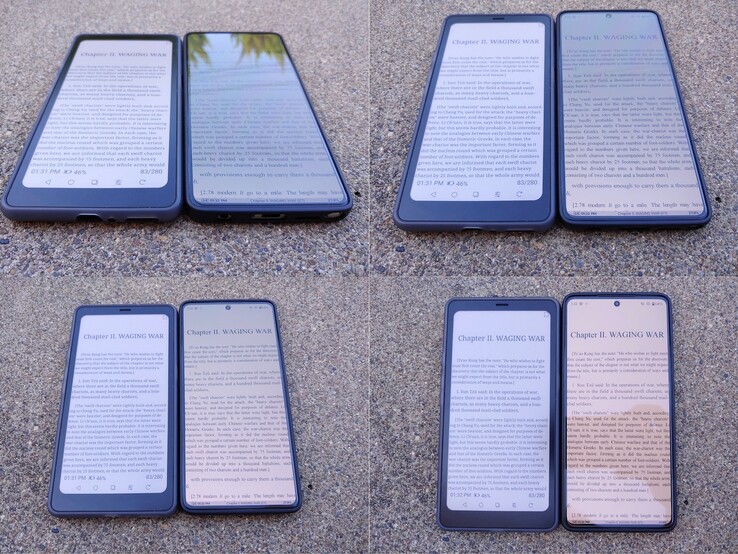 Kaleido vs OLED (~550 nits). Árnyékos délutáni napfény.