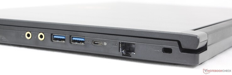 Jobbra: 3,5 mm-es fejhallgató, 3,5 mm-es mikrofon, 2x USB-A 3.2 Gen. 1, USB-C 3.2 Gen. 1 w/ DisplayPort, RJ-45 (1 Gbps), Kensington Lock, Kensington Lock