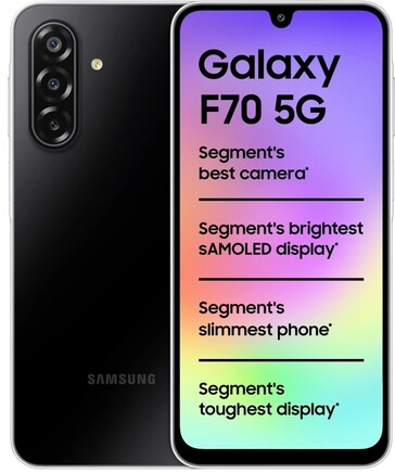Samsung Galaxy F70 5G Bold Black színben, elöl- és hátulnézetből