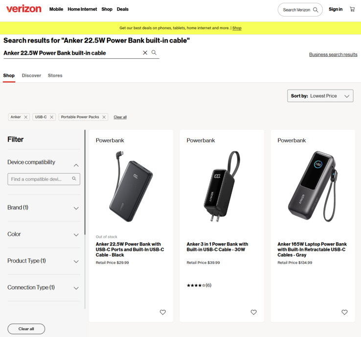 Az új Anker power bank Verizon listájának képernyőképét. (Kép forrása: Verizon)