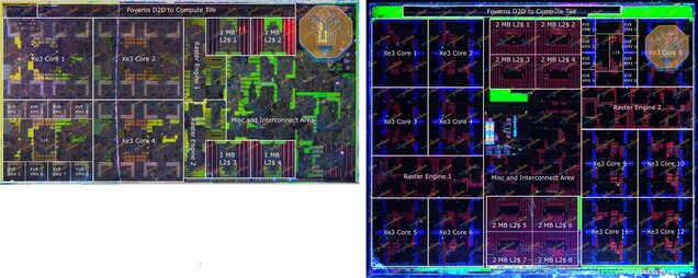 Intel Xe3 GPU-magok a Panther Lake-ben. Az Intel 3-alapú GT1-csempében található egyetlen mag körülbelül 55%-kal nagyobb, mint az N3E-alapú GT2-csempében található.