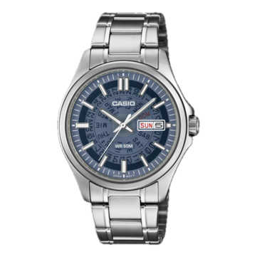 A Casio MTP-E740-2A1V modellje sötétkék színű, áttetsző számlappal rendelkezik, amelyen keresztül láthatók az alatta lévő nap- és dátumkerékek.