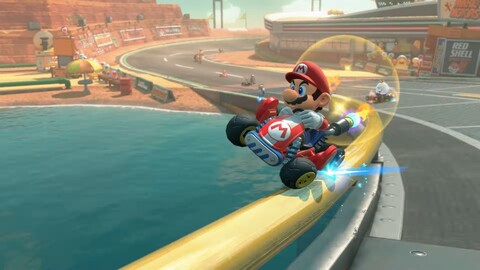 A képen: Mario egy sínen őrlődik a trailer alatt (Kép forrása: Nintendo a Switch 2 Directen keresztül