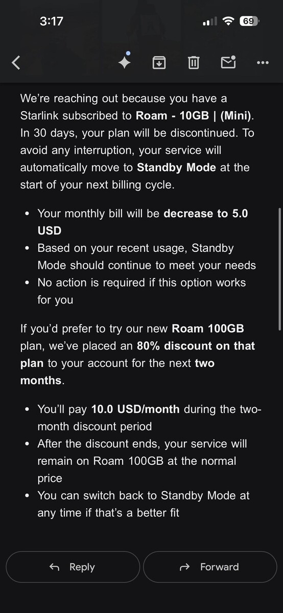 A Starlink 10 dolláros Roam tervét készenléti üzemmódba kapcsolja. (Kép forrása: silvertricl0ps/Reddit)