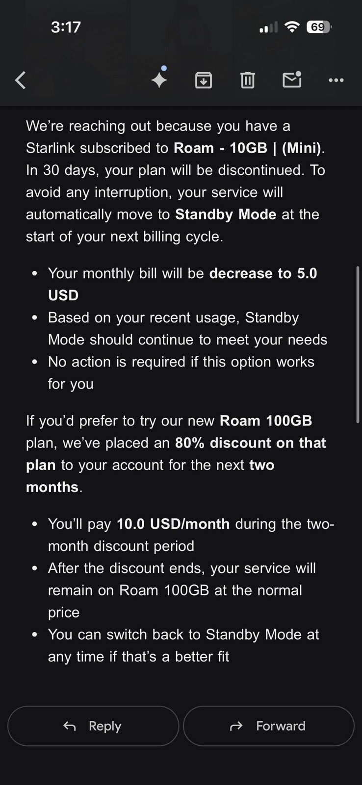 A Starlink 10 dolláros Roam tervét készenléti üzemmódba kapcsolja. (Kép forrása: silvertricl0ps/Reddit)